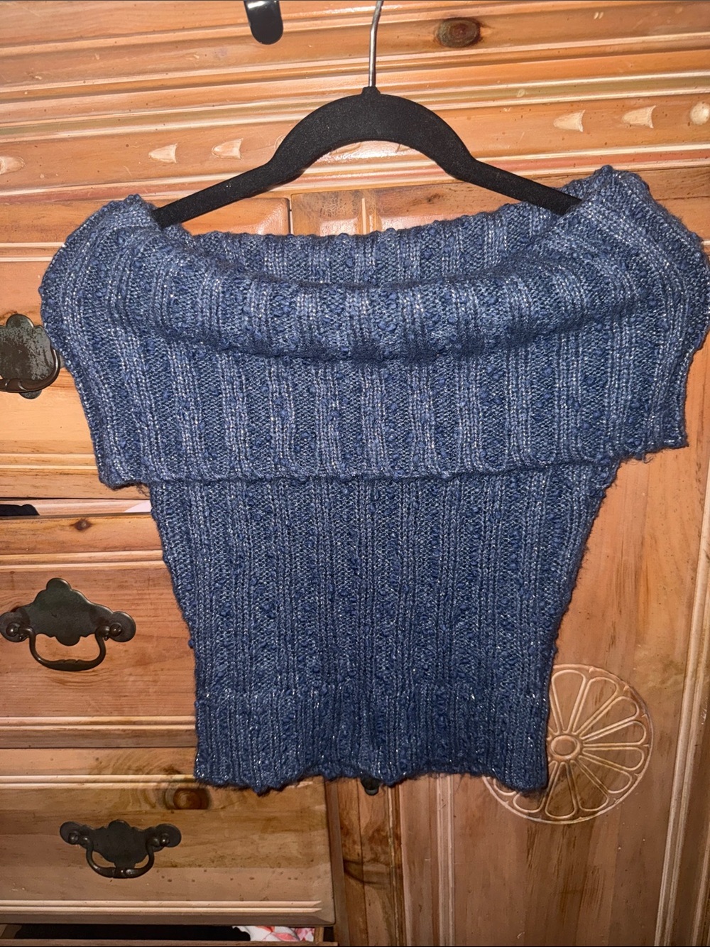 silence + noise Navy Blue Ribbed Off-Shoulder Sweater